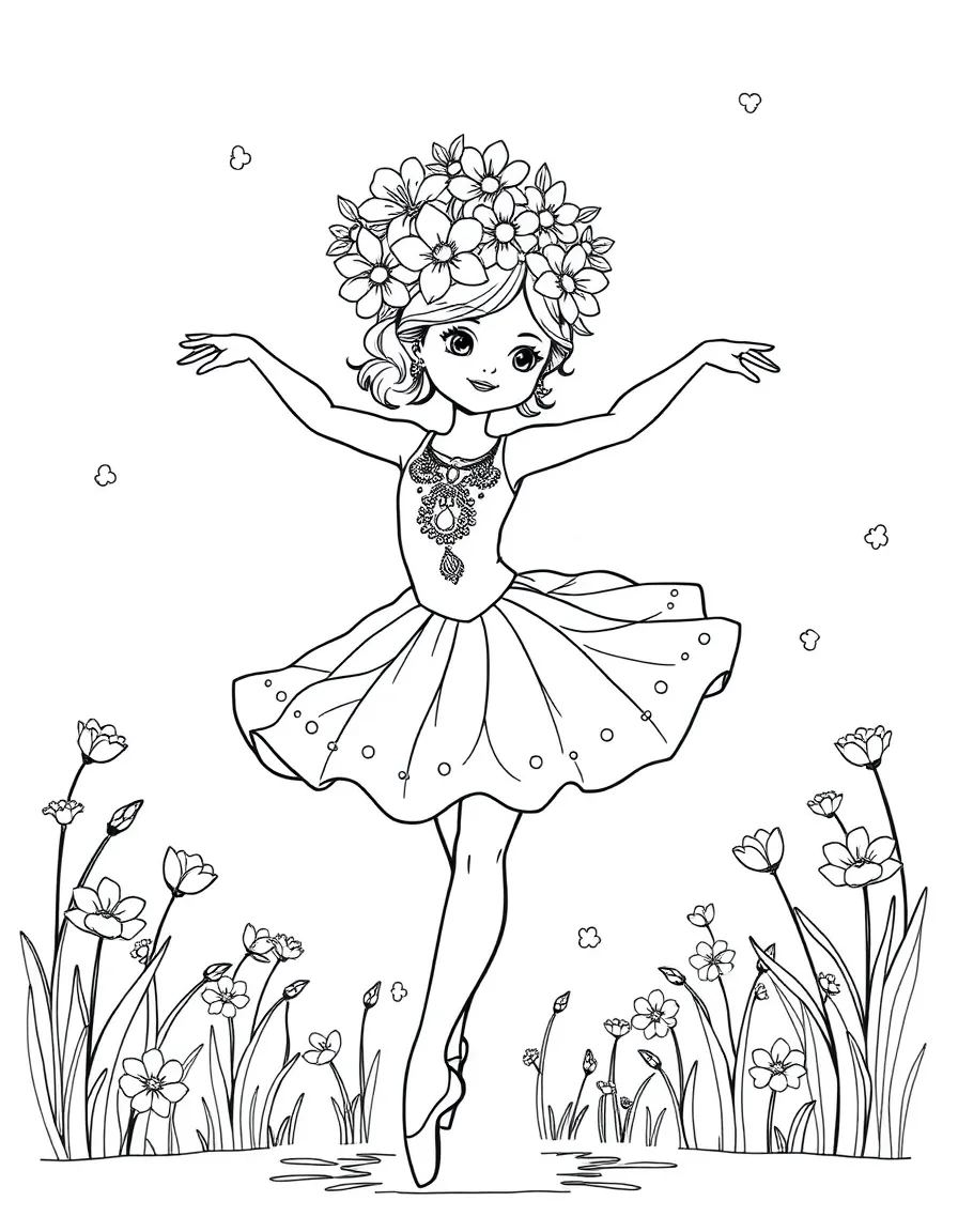 A ballerina with a crown of flowers in a springtime-themed performance