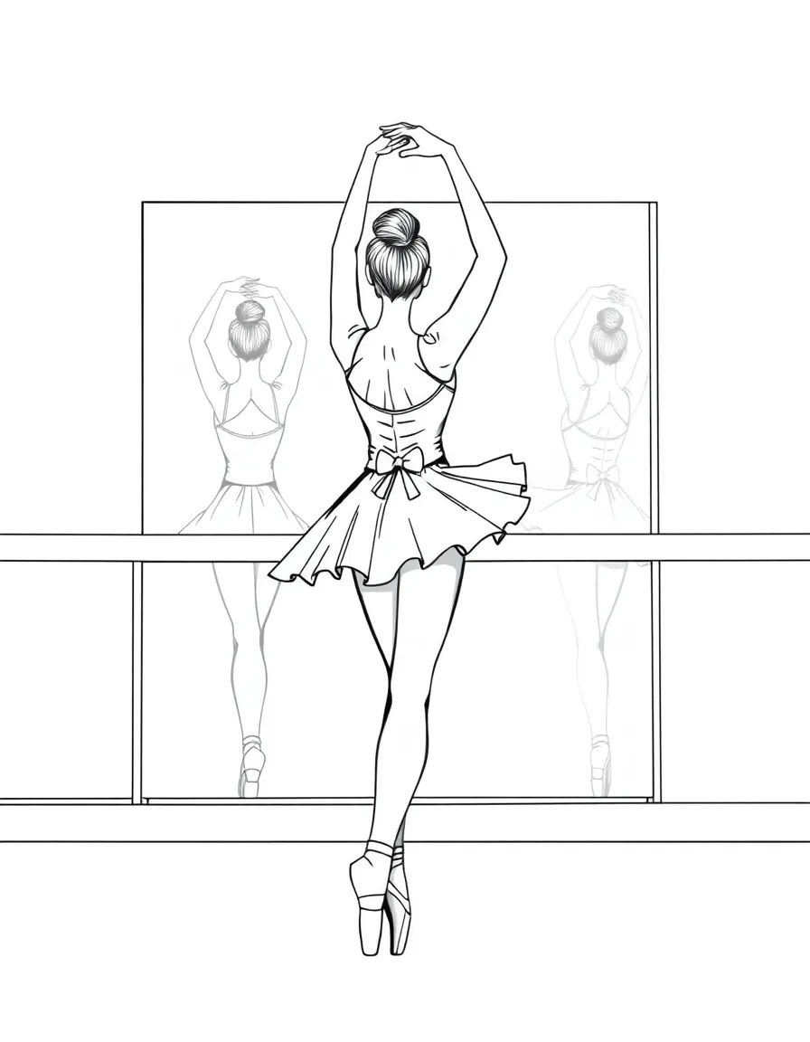 A ballet dancer stretching at the barre with mirror reflection showing both sides