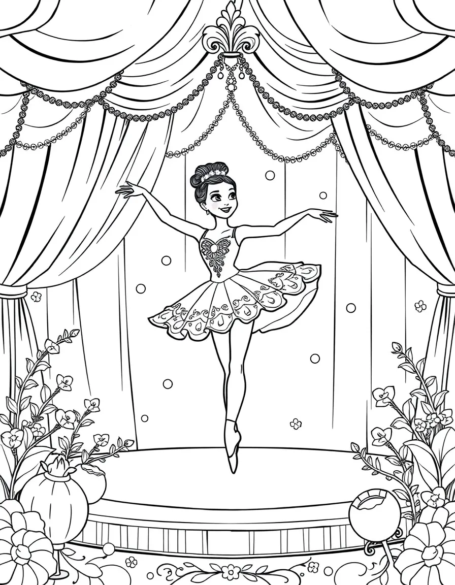 A ballerina performing on a decorated set with fairy tale elements