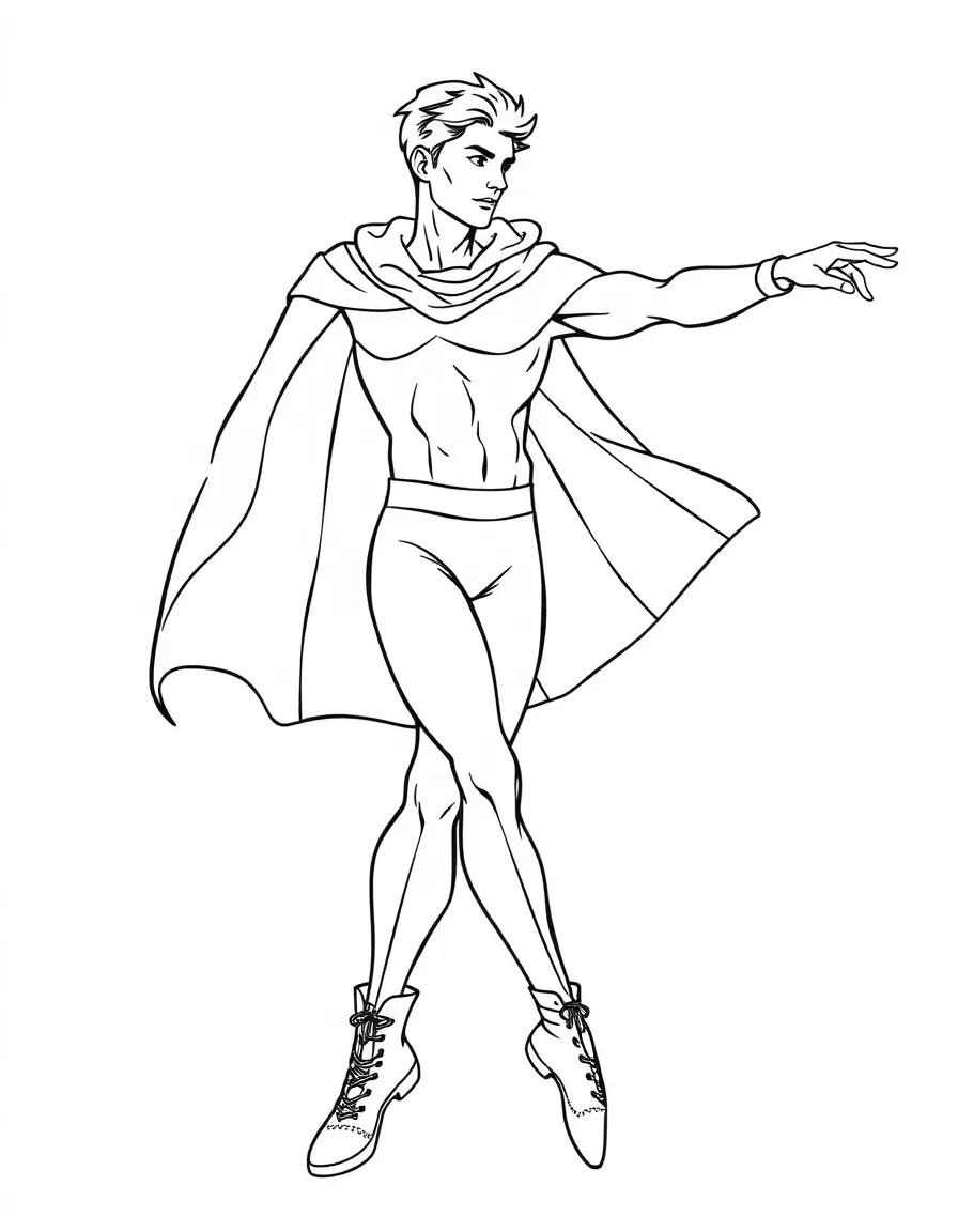A male ballet dancer in heroic pose with cape and detailed boots