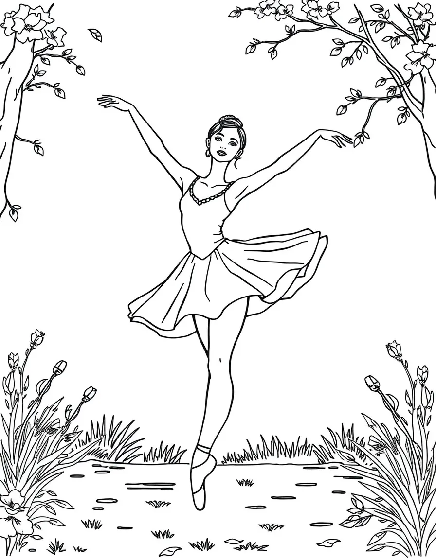 A ballet dancer performing outdoors with natural elements integrated into the scene