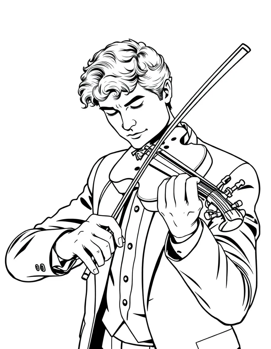 A violinist in formal attire performing with detailed instrument features