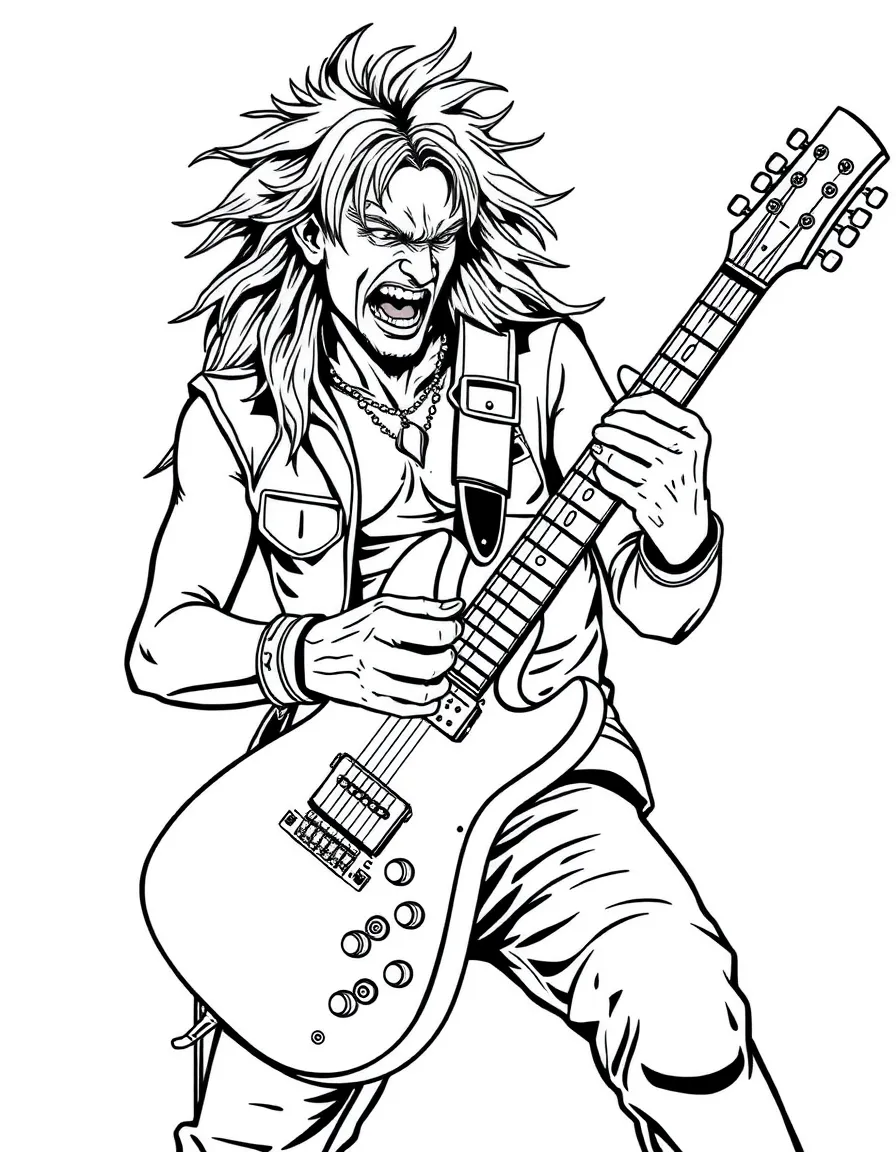 A rock guitarist mid-solo with detailed guitar and expressive face