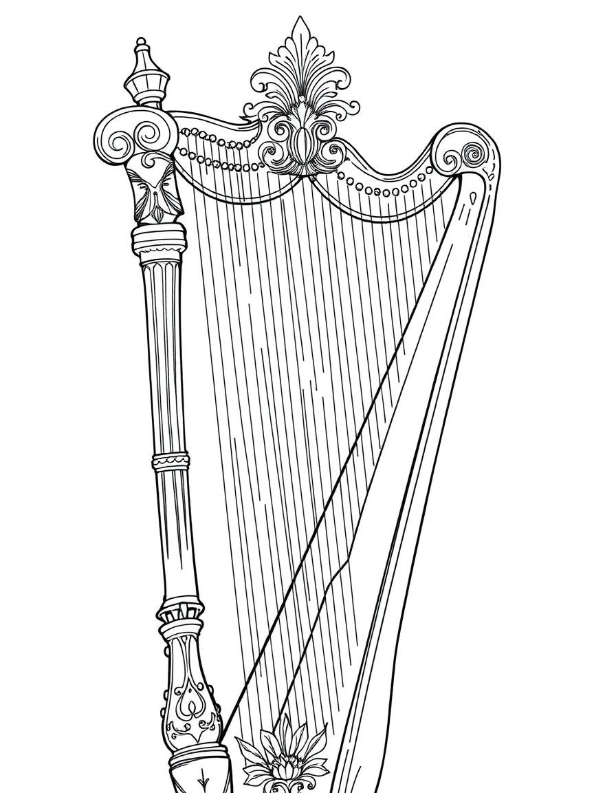A harpist with an ornate harp showing detailed strings and frame decoration