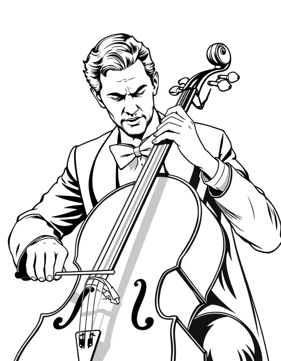 A cellist in formal performance attire with bow in dramatic position