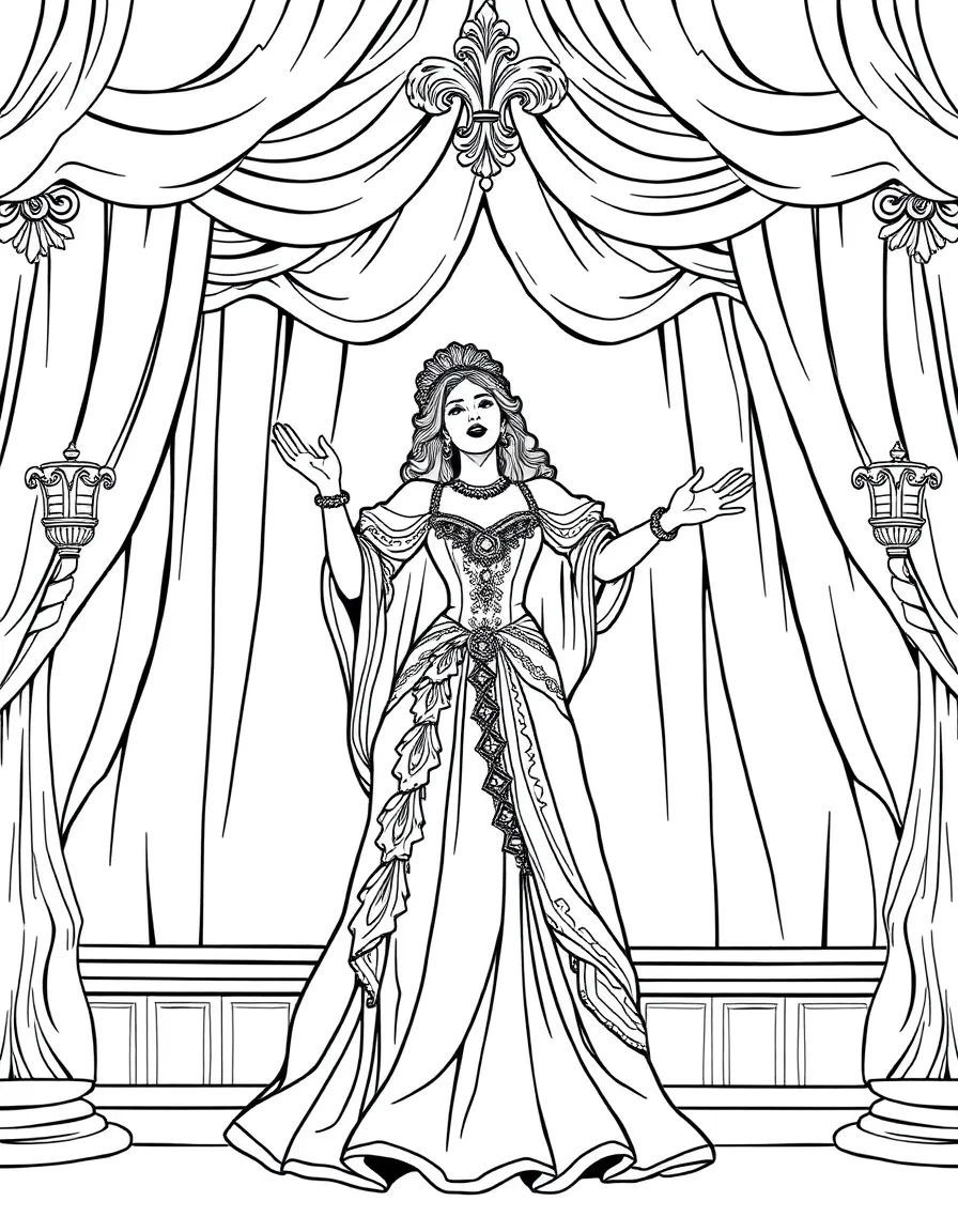 An opera singer mid-aria with elaborate costume and stage setting