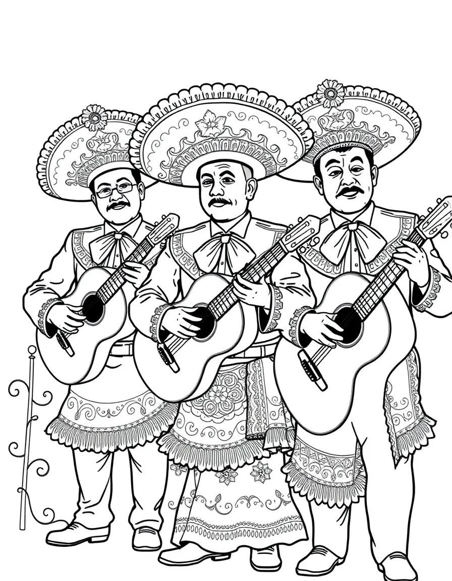 A mariachi band with traditional instruments and ornate uniform details