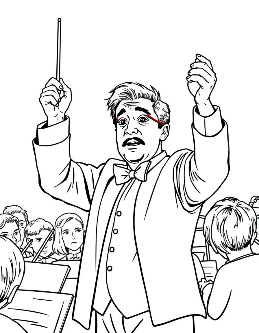A conductor with baton raised leading an orchestra with detailed facial expression