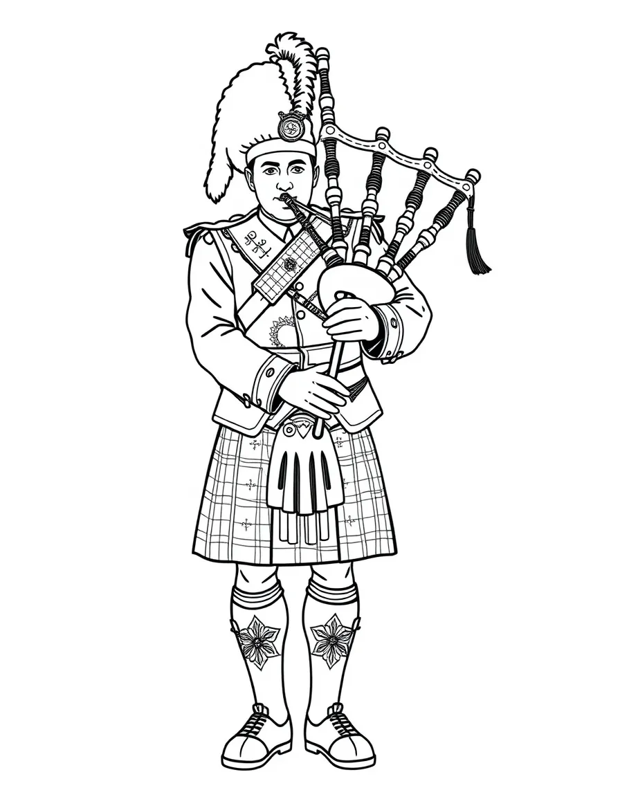 A bagpipe player in traditional Scottish attire with elaborate kilt pattern