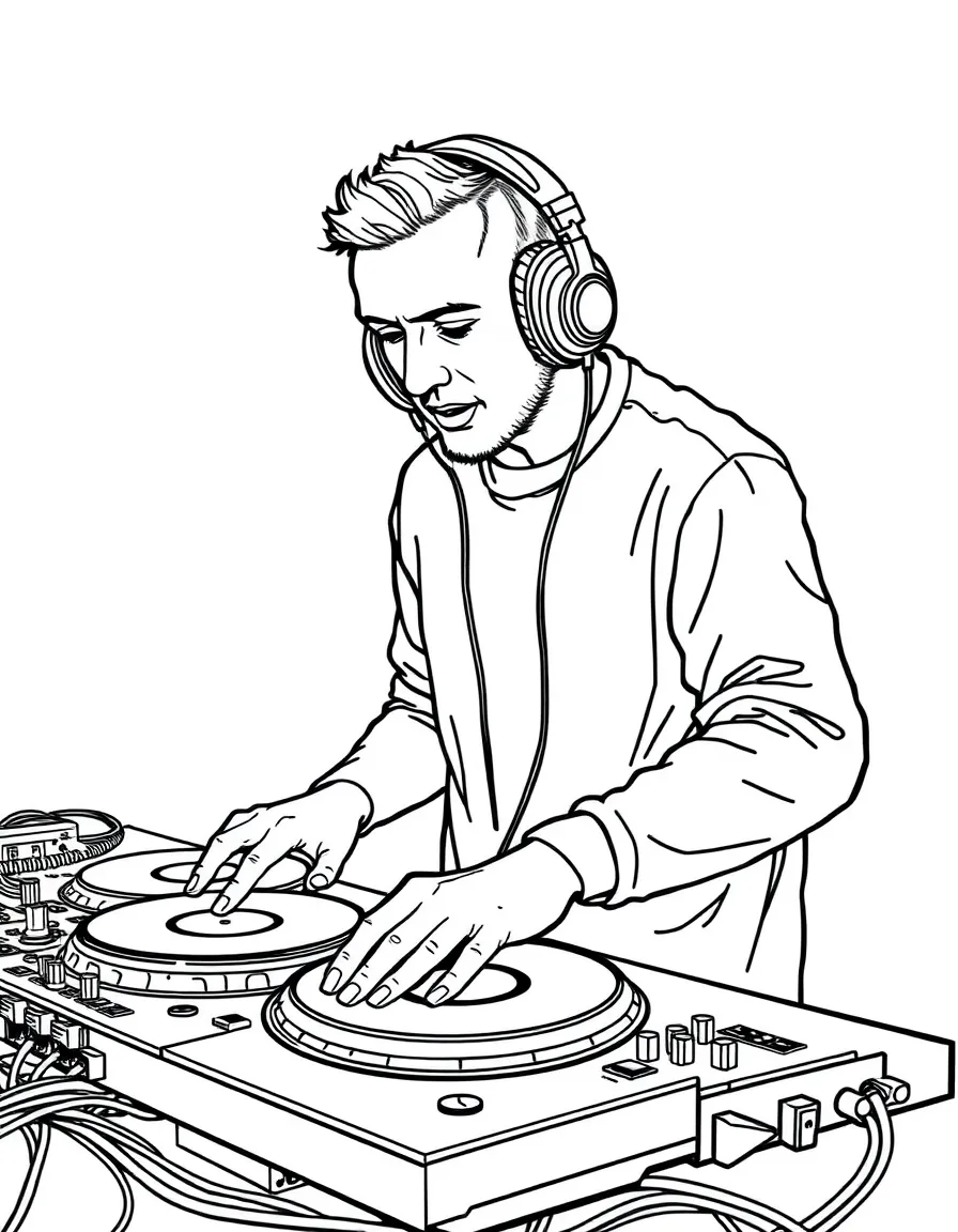 A DJ at turntables with detailed equipment and headphones
