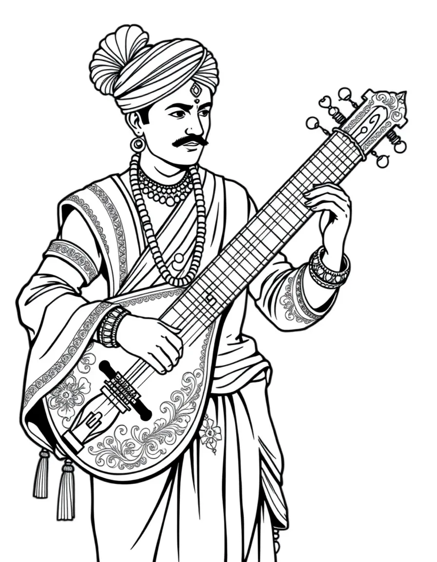 A sitar player in traditional Indian attire with ornate instrument decoration