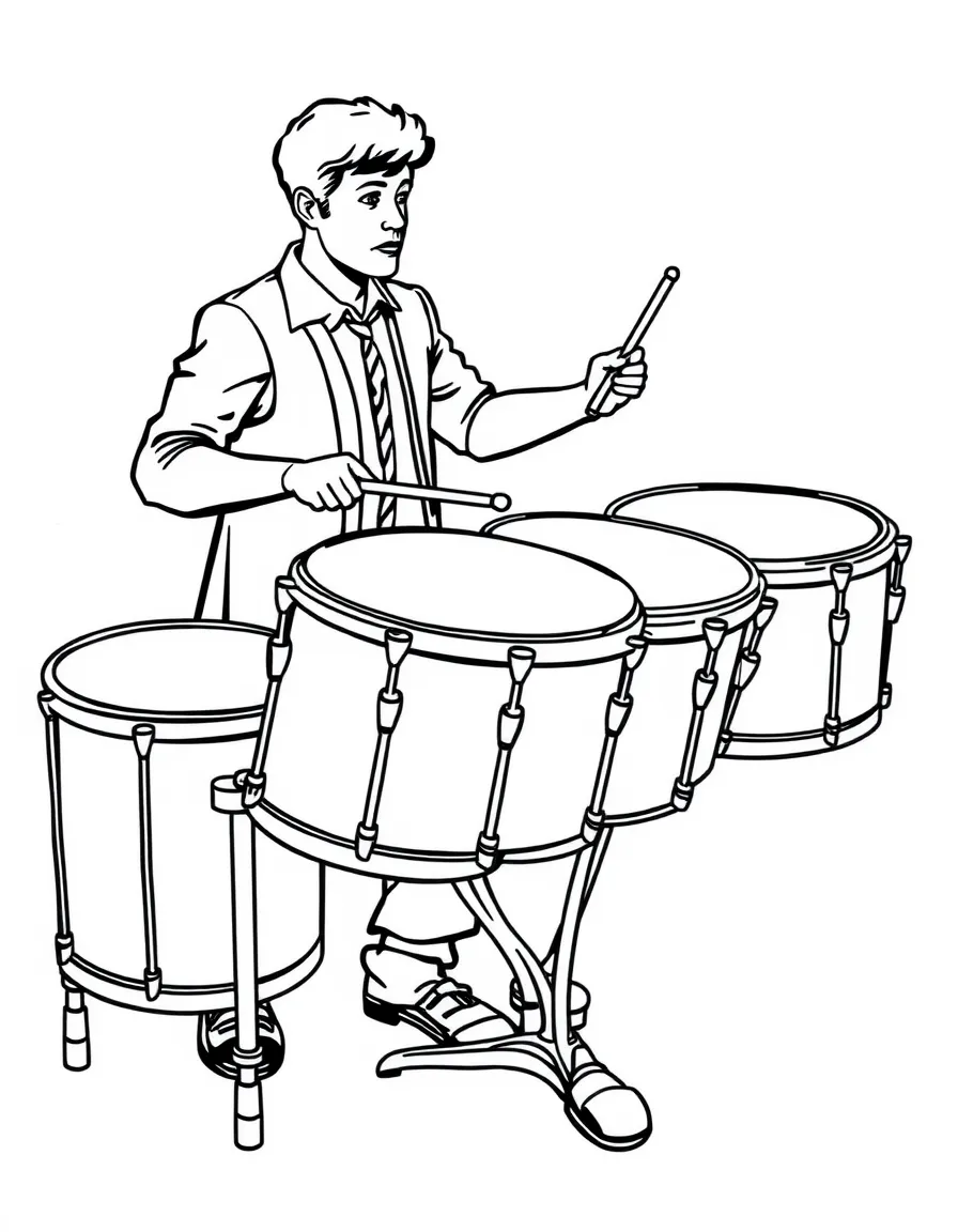 A timpani player with multiple drums and specialized mallets