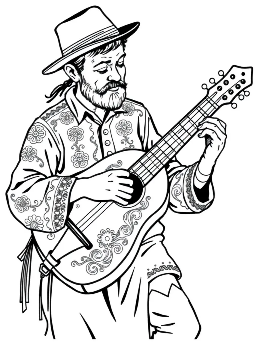 A folk musician playing dulcimer with detailed soundboard patterns