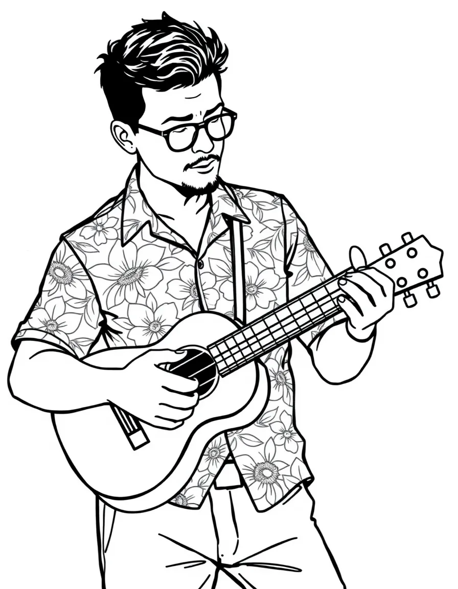 A ukulele player with floral Hawaiian shirt and detailed instrument