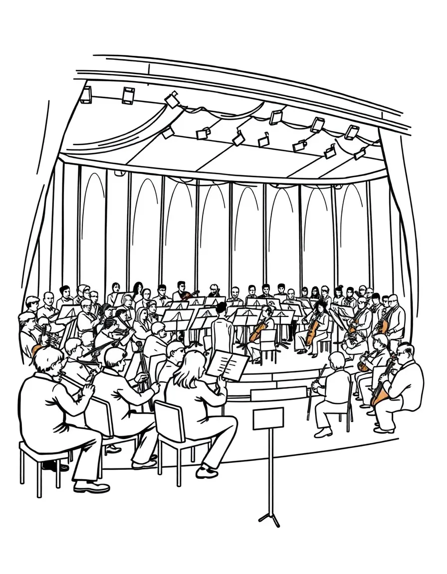 A symphony orchestra on stage with sections of different instruments