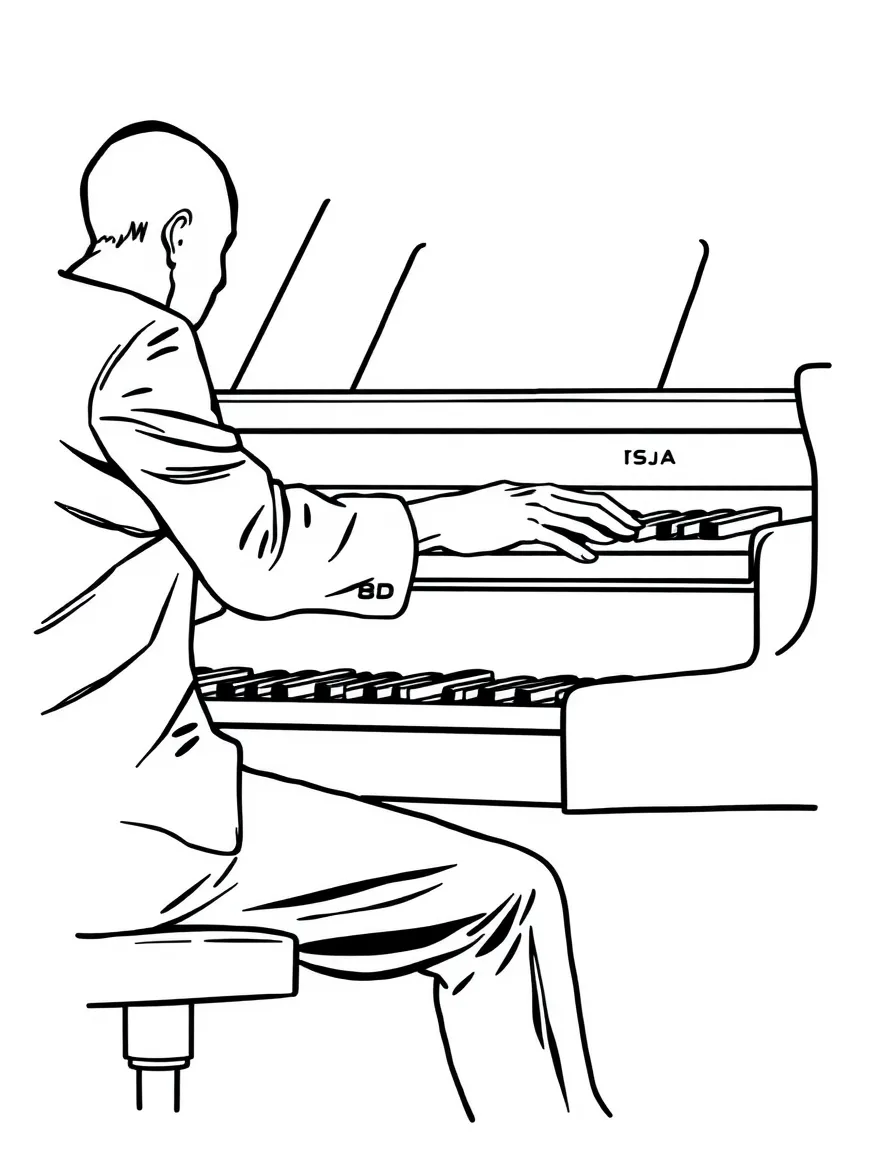 A concert pianist with hands in complex position on keyboard