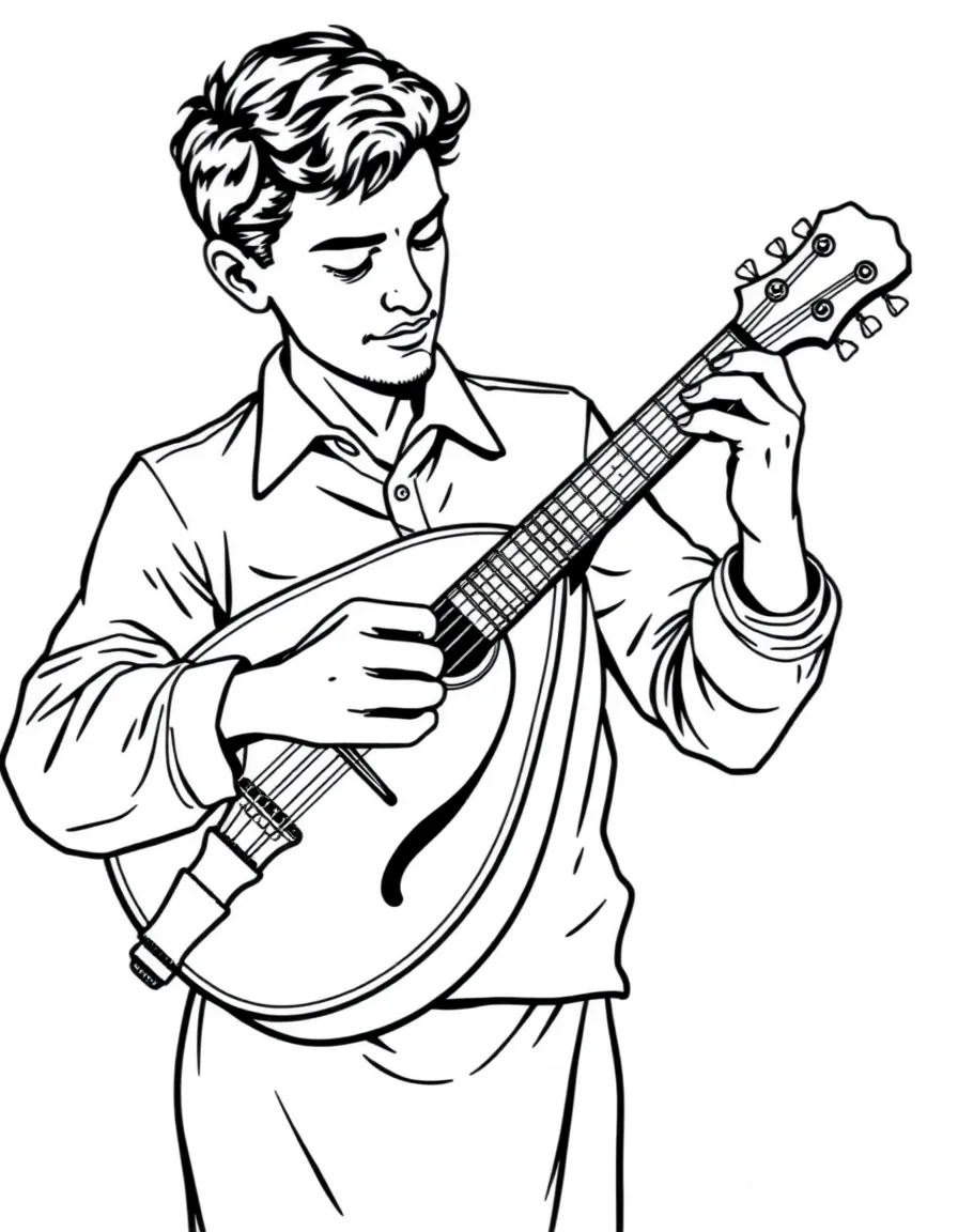 A mandolin player with detailed carved soundboard and tuning pegs