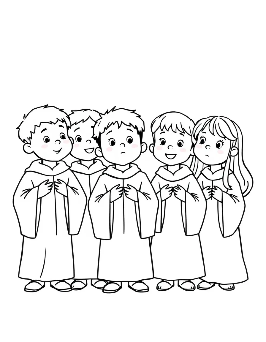 A children's choir in robes with varied expressions and heights