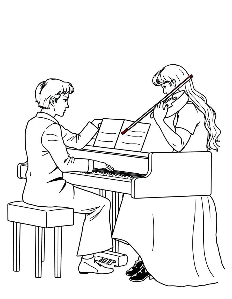 A piano-violin duet with musicians facing each other in performance
