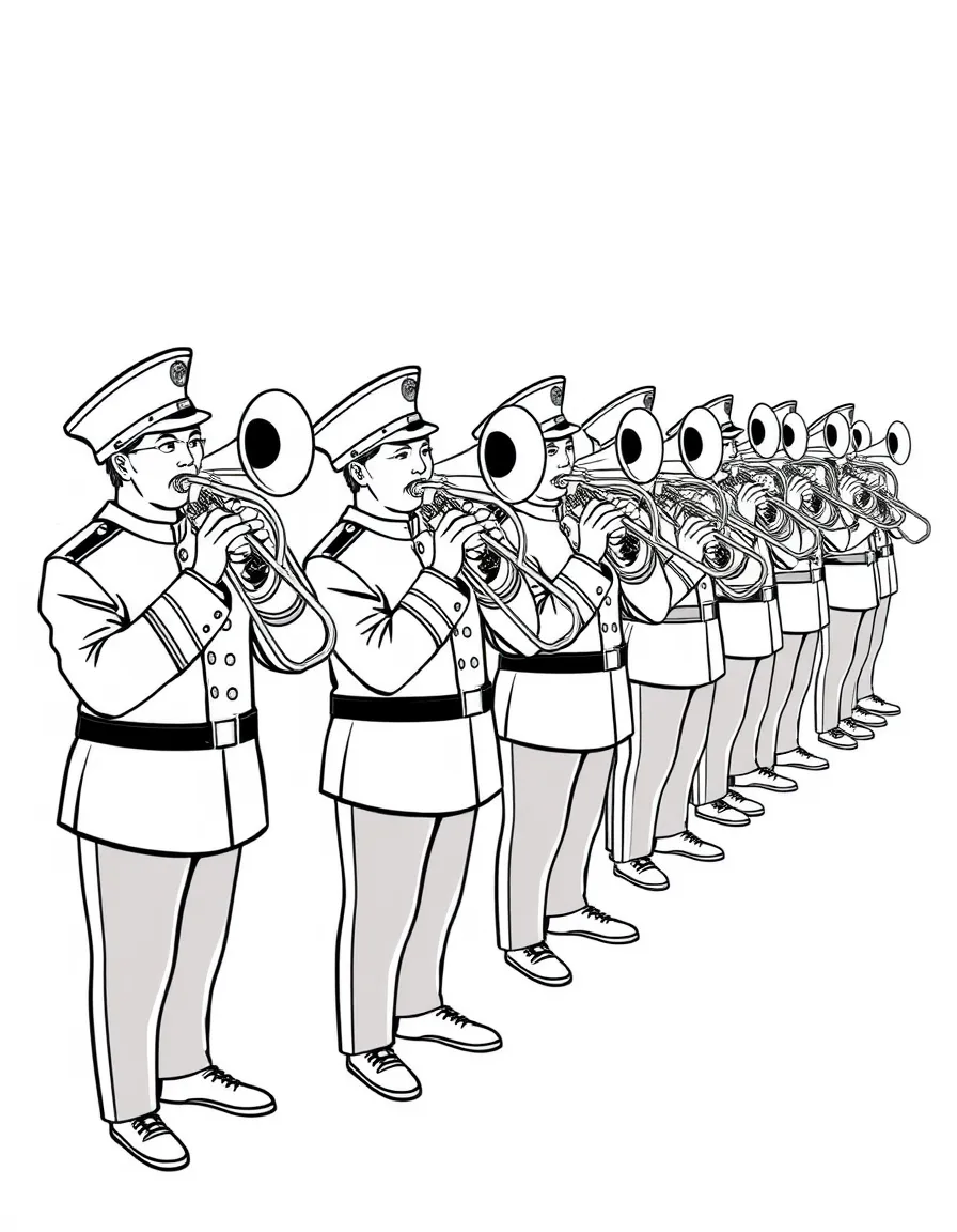 A trombone section in matching uniforms with instruments raised