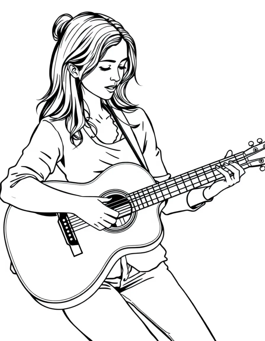 A female guitarist with detailed acoustic guitar and finger-picking position