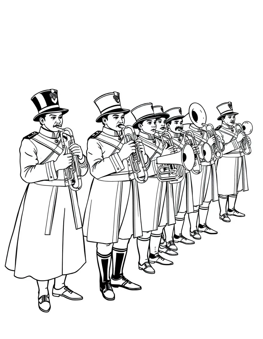 A brass band in Victorian-era uniforms with period instruments