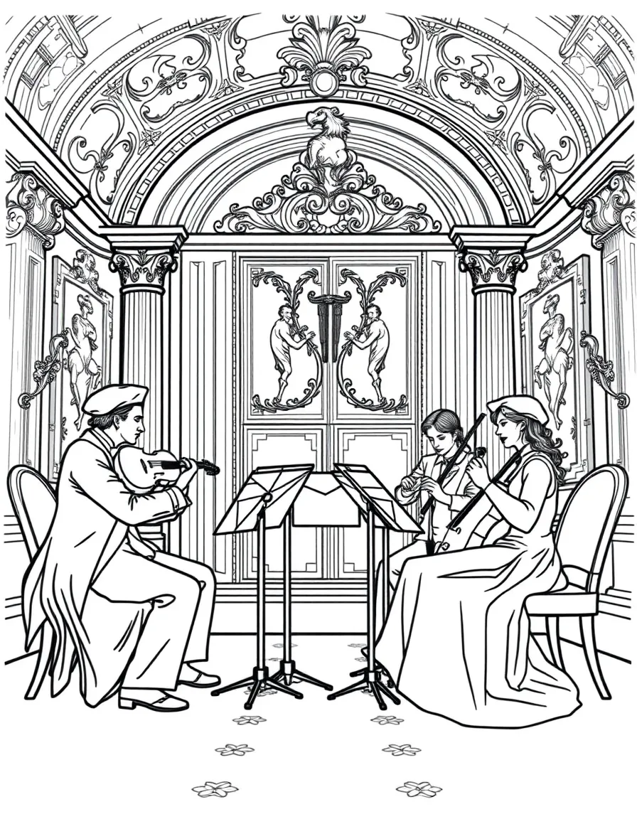 A classical quartet performing in an ornate chamber music hall