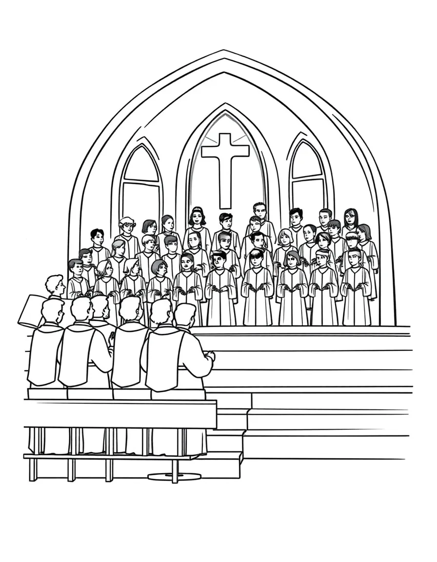 A church choir in robes arranged on tiered risers