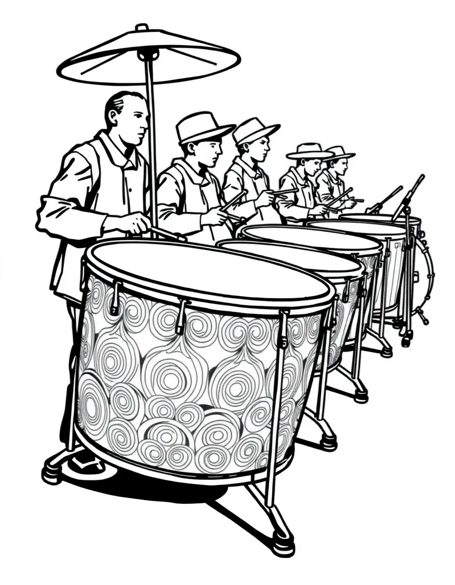 A steel drum band with detailed pan surface patterns