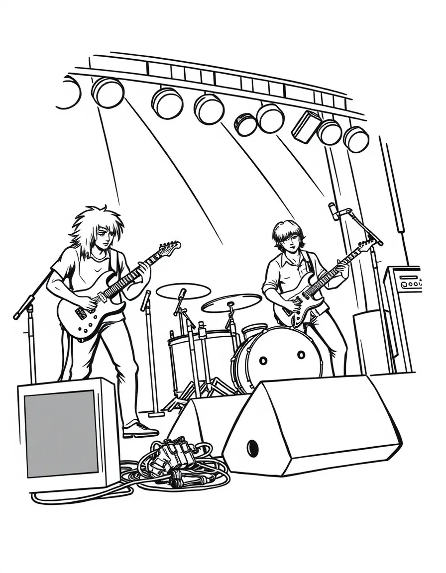 A rock band performing on stage with detailed instruments and equipment