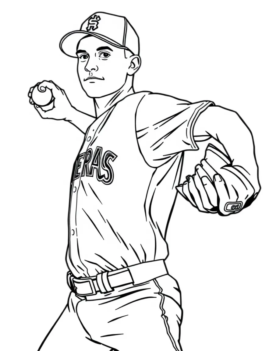 A baseball pitcher in wind-up position with detailed uniform stitching