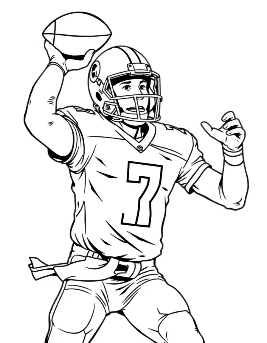 A football quarterback throwing a spiral pass with detailed helmet design
