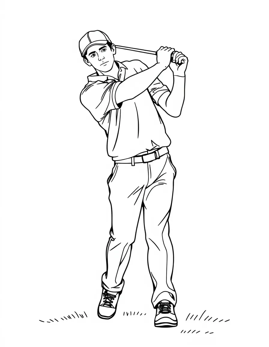 A golfer mid-swing with detailed club and stance positioning