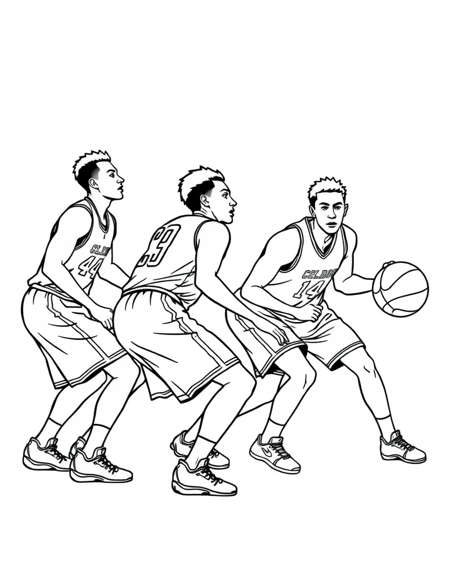 A basketball team in defensive formation with individual player details