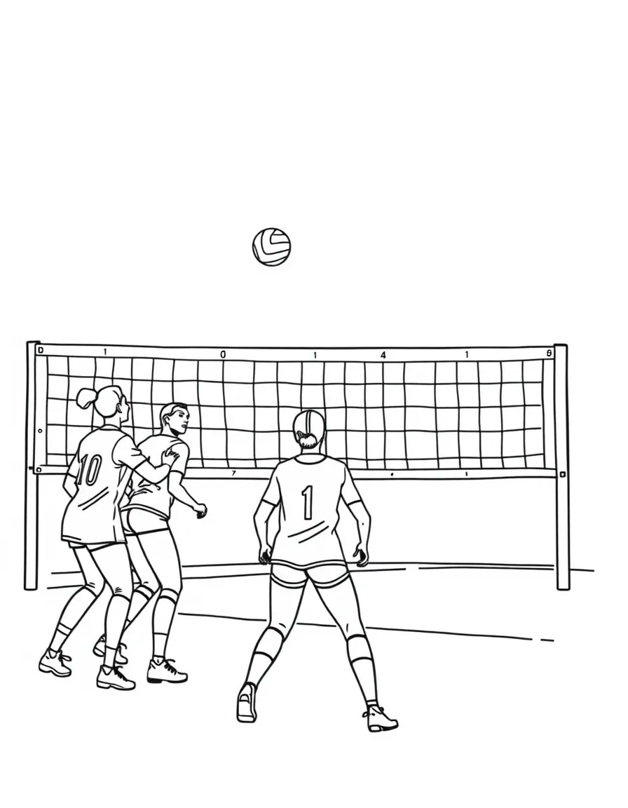 A volleyball team at the net in defensive formation