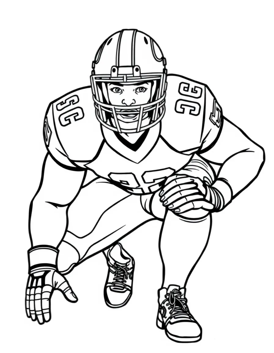 A football lineman in three-point stance with detailed helmet and padding