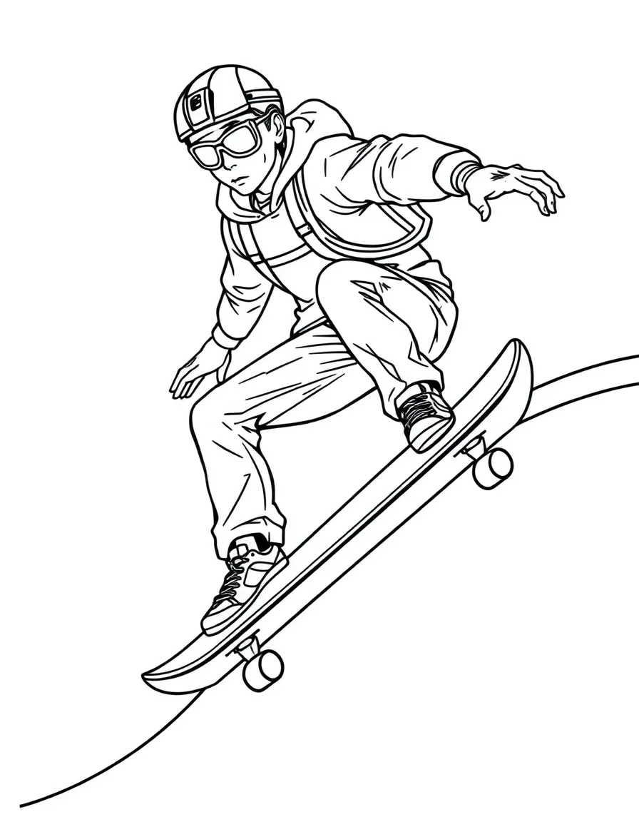 A skateboarder on a half-pipe with board details and safety gear