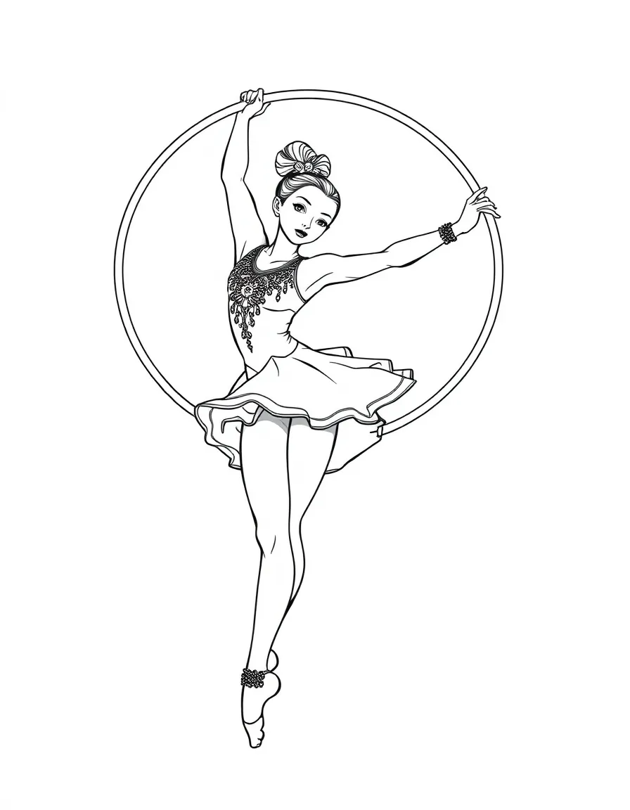 A rhythmic gymnast with hoop showing detailed costume and flexibility