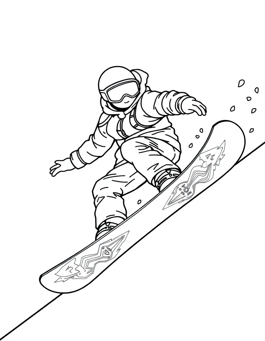 A snowboarder on a half-pipe with board graphics and gear