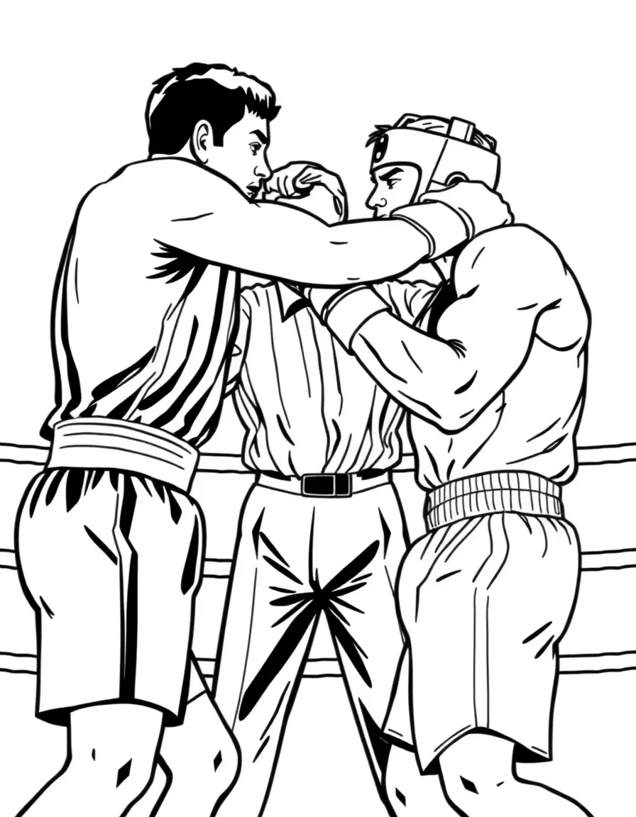 A boxing match clinch with referee separating fighters