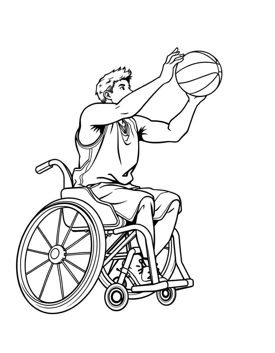 A wheelchair basketball player shooting with detailed chair design
