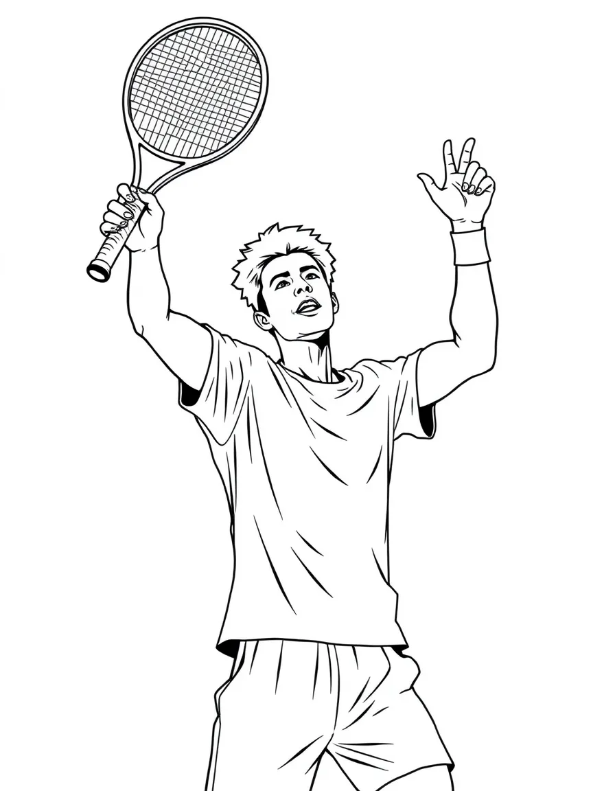 A tennis player celebrating a win with detailed racket raised