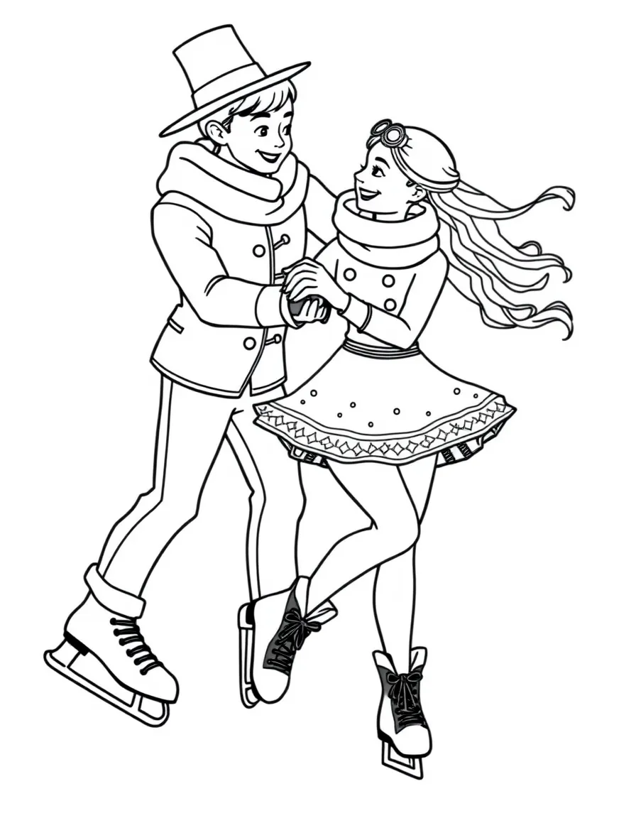 An ice dancing couple in matching outfits with detailed skates