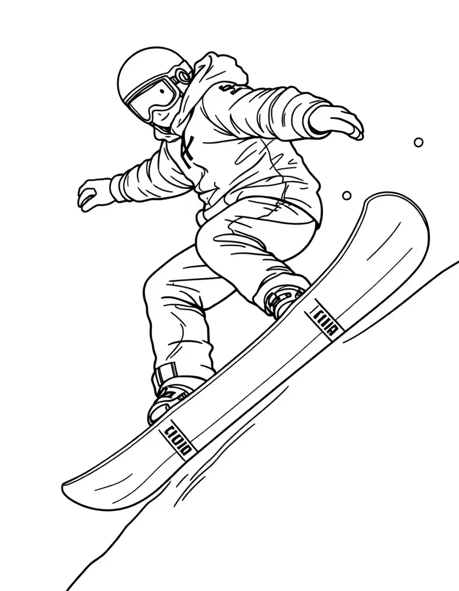 A snowboarder on a rail with detailed board and binding design