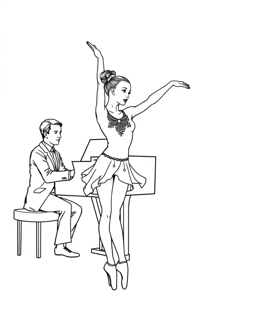 A gymnast performing to a solo pianist with both in matching outfits