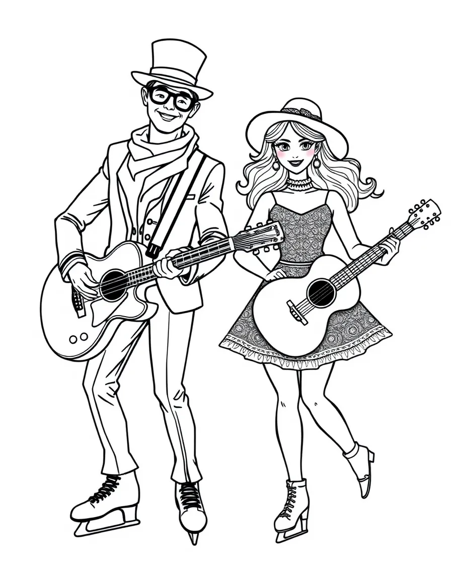 A figure skating pair dressed as famous musicians with instrument props