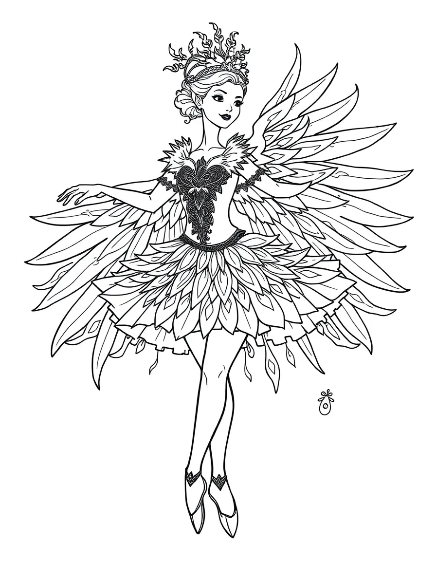 A ballerina in a Firebird costume with elaborate feathered details and flame patterns