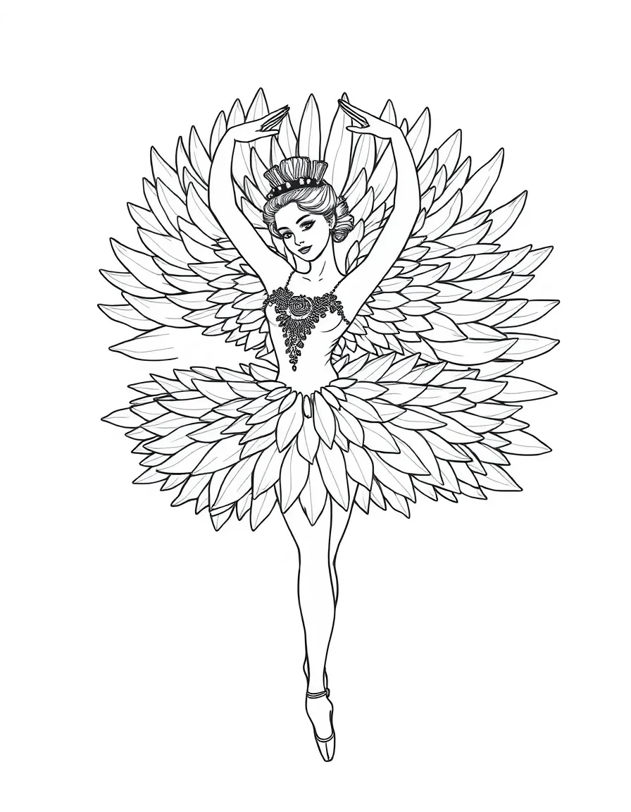 A ballet dancer as a dying swan with every feather detailed in the costume