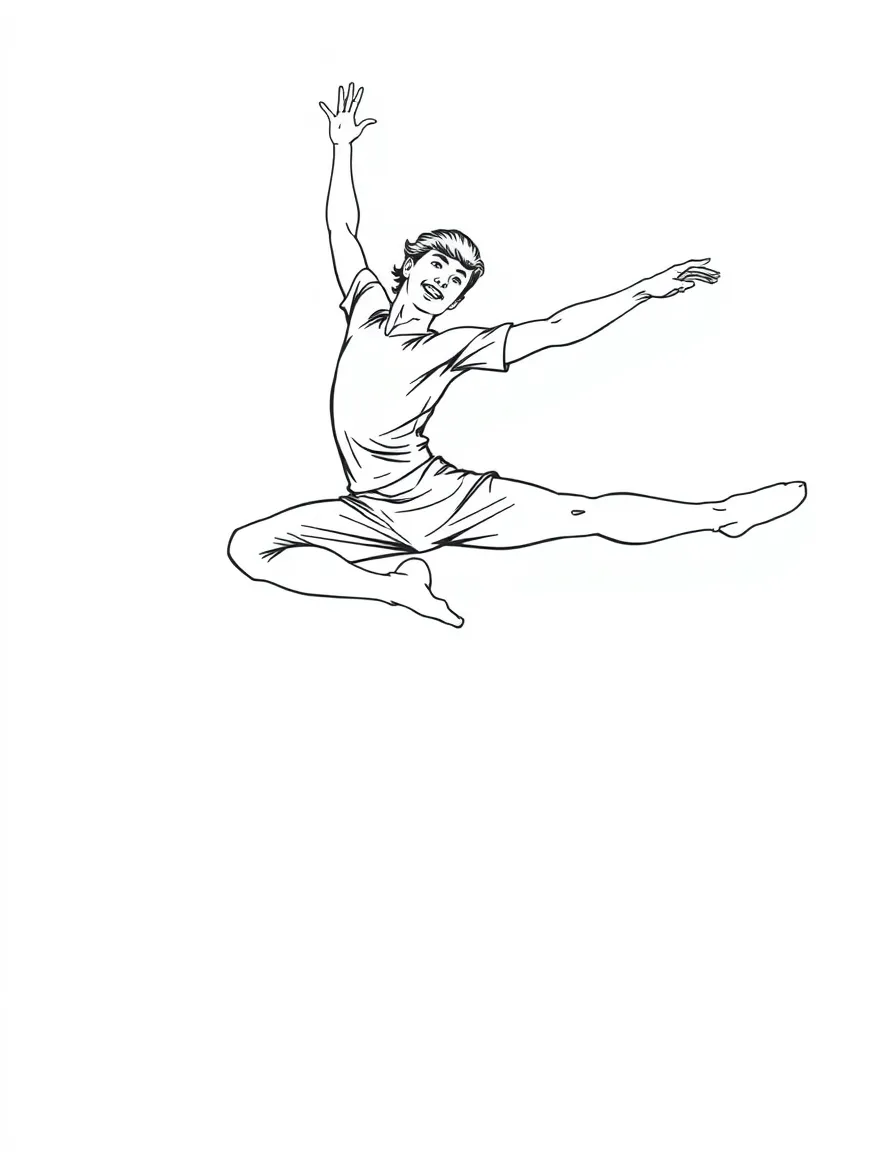 A male ballet dancer mid-air in a split leap with perfect symmetrical form