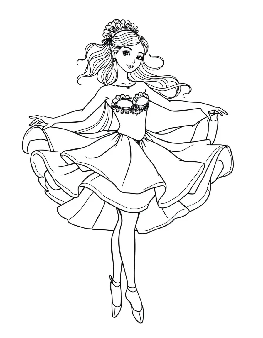 A ballerina in an underwater-themed costume with flowing fabric resembling waves